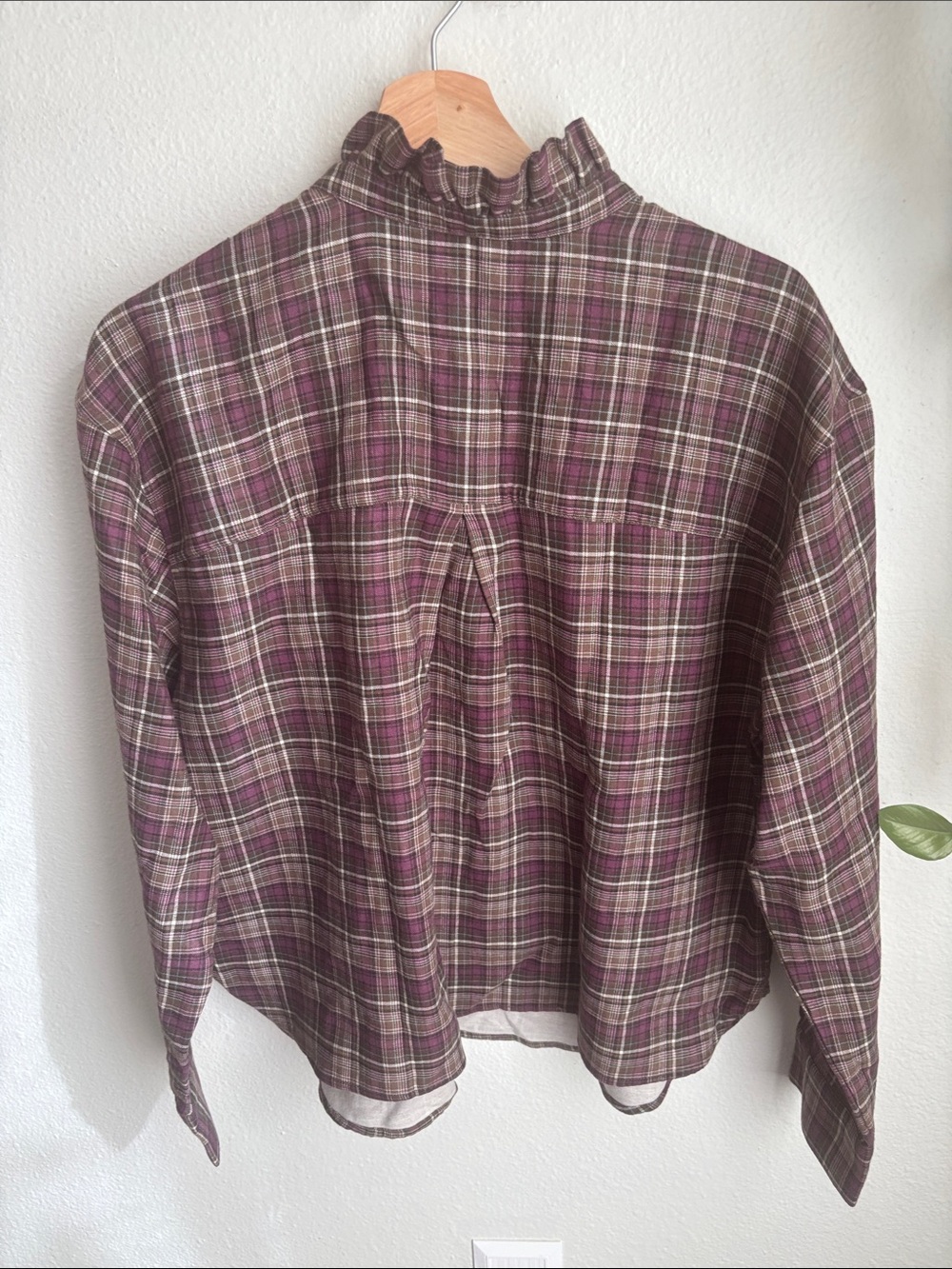 BANANA REPUBLIC Womens Flannel Shirt Sugar Plum Feminine Ruffle Trim Medium - Picture 5 of 11